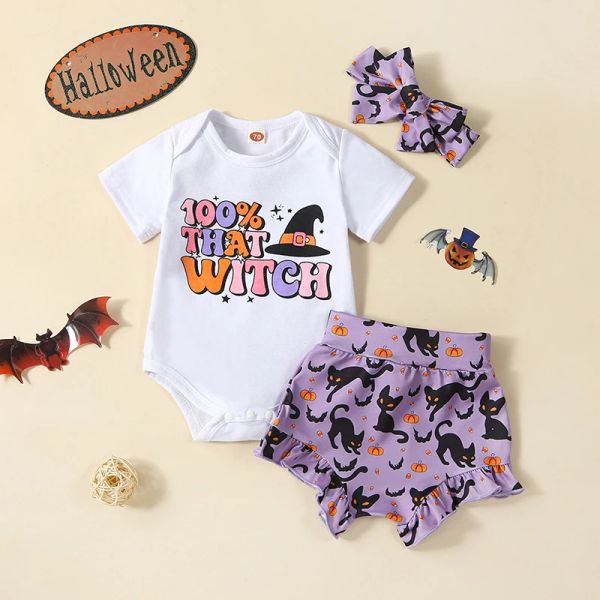 Shorts Listenwind Baby Girl Sets Halloween Shorts White Short Manga Letter Romper y Bat Black Cat Shorts Sets de banda para diadema