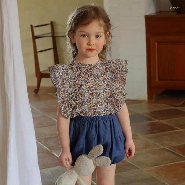 Short Style Lolita pour enfants filles, jupe en coton et lin, ample, taille haute élastique, respirant, pantalon court à la mode pour bébés filles