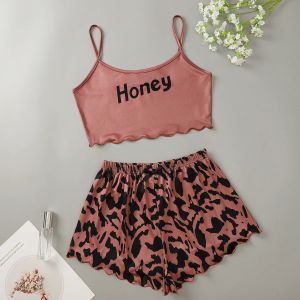 Shorts Nieuwe honingbrief voor damesprintige hangende pyjama's en luipaardprint Bow decoratieve shorts set