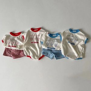 Shorts pasgeboren baby meisje schattig ijsje korte mouwen bodysuit joche jongen mode t -shirt en geruite dunne katoenen shorts 2pc set