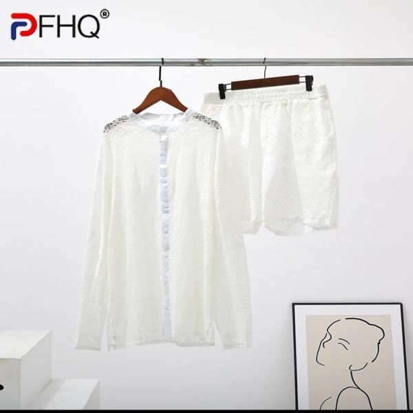 Shorts Pfhq 2023 Été Nouveau Hollow Out Sexy Lace Short Shirts SetS Men's Fashion Suit Contrôle Livraison gratuite Trendy Elegant plage pas cher