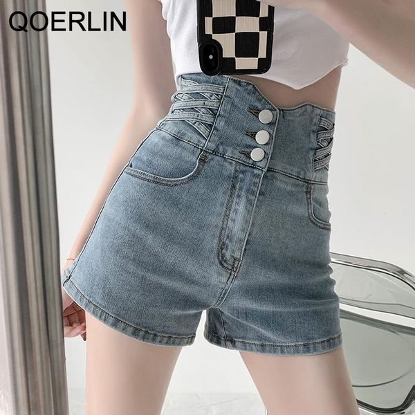 Shorts QOERLIN Vaqueros elásticos para mujer, pantalones cortos sexys para mujer, novedad de verano 2022, pantalones cortos coreanos de cintura alta ajustados con efecto Push Up, pantalones cortos vaqueros para mujer