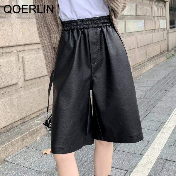 Shorts QoerliN S3XL Pantalones cortos de cuero de PU de otoño para mujer, pantalones cortos informales de cintura alta, media pierna ancha, prendas de vestir exteriores coreanas, pantalones cortos rectos sueltos