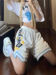 Shorts QWEEK Harajuku Sportwear short de basket-ball femmes Y2K Streetwear pantalon de sport surdimensionné lettre imprimée longueur aux genoux pantalons de survêtement d'été