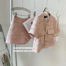 Shorts sets 2 pièces femmes deviennent o cou rose tweed veste féminin cardigan tops co-manteau coréen court pantalon costume 240516