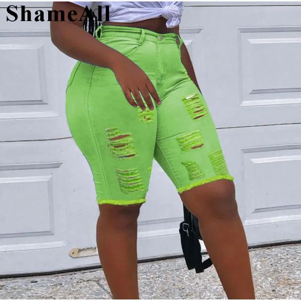 Pantalones cortos Pantalones vaqueros ajustados rasgados sexy Pantalones cortos fluorescentes con agujeros destruidos Leggings elásticos Pantalones cortos Bermudas de mezclilla Jeggings rasgados holgados