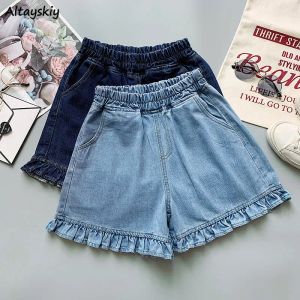 Pantalones Cortos Mujer Denim Básico Pierna Ancha Bolsillos Sólidos Volantes Verano Fino Suelto Suave Calidad Universitaria Bottoms Vintage Cool Estética