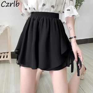 Shorts Shorts Dames Zomer Mode Elegant Casual Ruches Veterschoenen Hoge taille Wijde pijpen Ademend Lichtgewicht Vrouwelijke Vrouwelijke Ulzzang