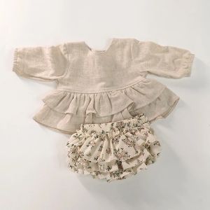 Shorts zacht ademende babymeisjes kleding set vintage linnen katoenen tutu shirt jurk met lange mouwen+drievoudige lagen rok shorts outfits