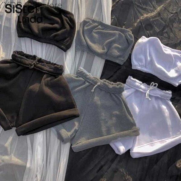 Shorts Survêtement en coton doux deux pièces ensembles femmes sport sans manches haut sans bretelles + short de motard vêtements de sport tendance correspondant Tra 240227