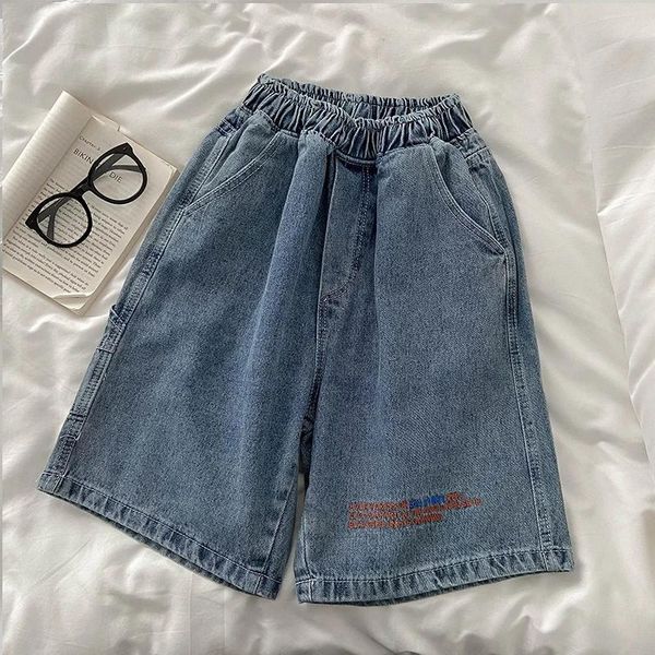 Pantalones cortos para estudiantes, pantalones vaqueros medio largos con cintura elástica, pantalones cortos de verano para mujer, pantalones rectos bordados Harajuku con letras Yong Girls 2023