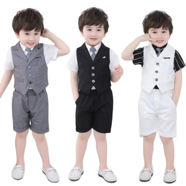 Shorts Summer Boy Dress Boda Británica Suits British Shorts Corbta 3 PPC Children Fiesta formal Disfraces Baby Gentleman Wortes