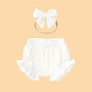 Shorts Summer Solid Solid Toddler Diaper Cover Baby Girls Kids Kids Cotton Musline Ruffle Bloomer avec un bandeau à arc assorti