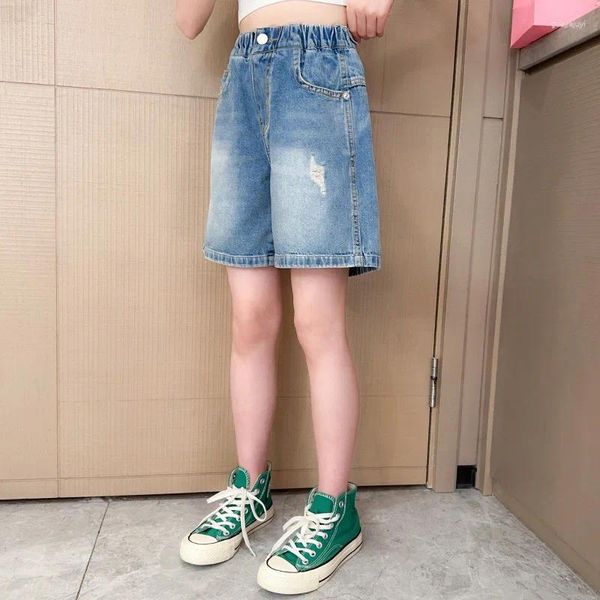 Shorts d'été pour adolescentes, mode Vintage, couleur bleue, vêtements pour enfants, école, Style décontracté, élégant, Denim solide, 6 8 9 10 14 ans