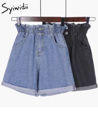 Shorts Syiwidii elastische taille shorts dames korte feminino denim dames sexy zwarte hoge taille shorts 5XL ruches knop 2022 zomer nieuwe