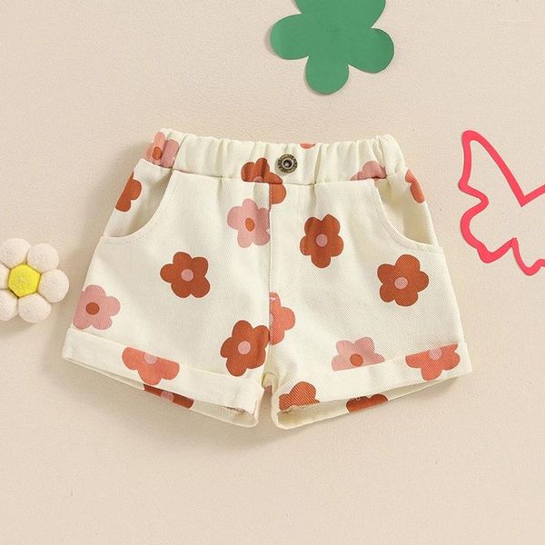 Shorts en bas âge pour les filles en bas âge en denim élastique de taille élastique jean imprimé floral avec des poches pendant 0-4 ans