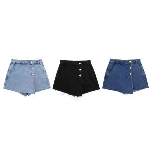 Shorts TRAF 2023 Vrouwen Zomer Mode Enkele Knoppen Rits Casual Denim Mini Shorts Rokken Vrouwelijke Zakken Slanke Hot Broek Mujer