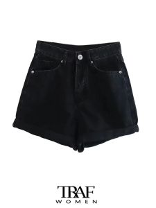 Shorts TRAF Damesmode Omslagzomen Faded Denim Bermuda Vintage Hoge Taille Rits Vrouwelijke Jeans Mujer