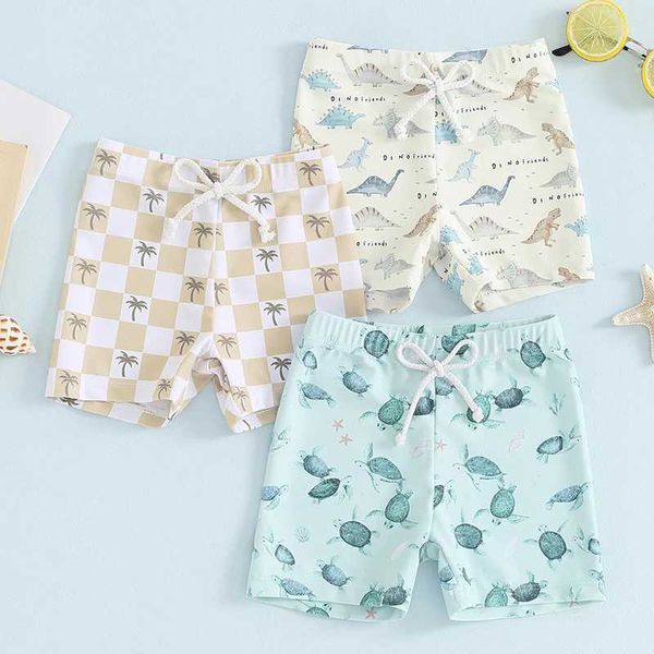 Shorts Tregren Kids Boys Swim Trunks Summer Dinosaur / Plain / Turtle Printed Elastic SwewString short for Childrens Masswear Set D240510