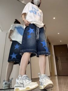 Shorts Vintage ster patch geborduurde denim shorts Y2K zomer streetwear losse hoog getailleerde damesshorts Koreaanse straat casual shorts