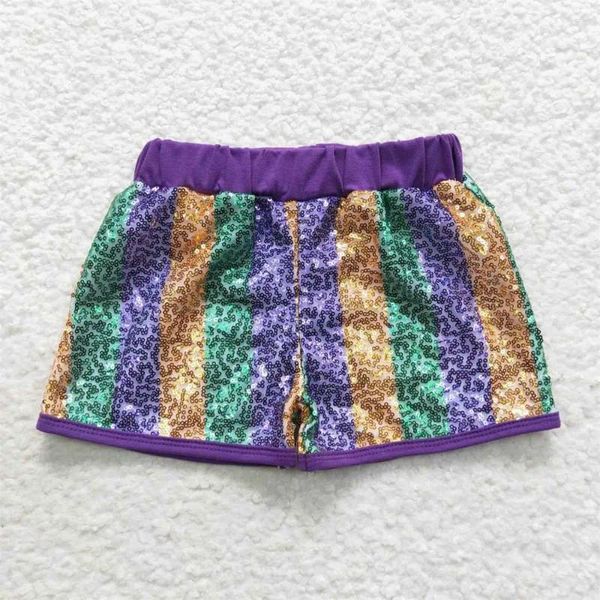 Shorts à paillettes pour petites filles, vêtements à rayures violettes et vertes, Boutique pour enfants en bas âge, vêtements de Mardi Gras, vente en gros