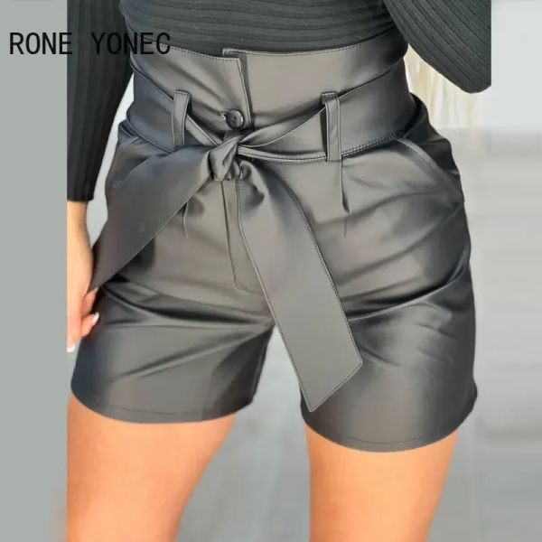 Shorts femmes décontracté taille haute avec ceinture en cuir Pu maigre droit short noir