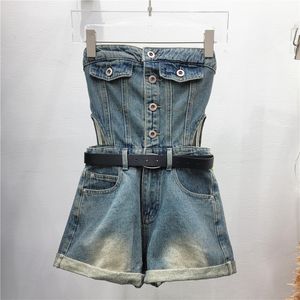 Shorts Women Jeans cortos de diseño elegante de la edad versátil Reductor de Hottie One Línea Collar fuera del hombro Tubo Top Denim Jumpsuit para mujeres