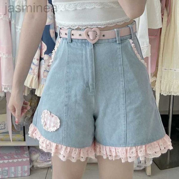 Short femme bleu Vintage dentelle Short jean doux Plaid taille Denim court Kawaii ldd240312