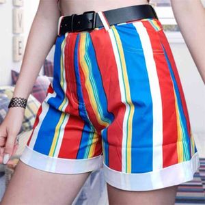 Shorts Femmes Stripe Contrastant Pantalon court Fit Jeunes filles Casual Taille haute Shorts Summer Vintage Ladies Rainbow Pantalons Shorts 210625