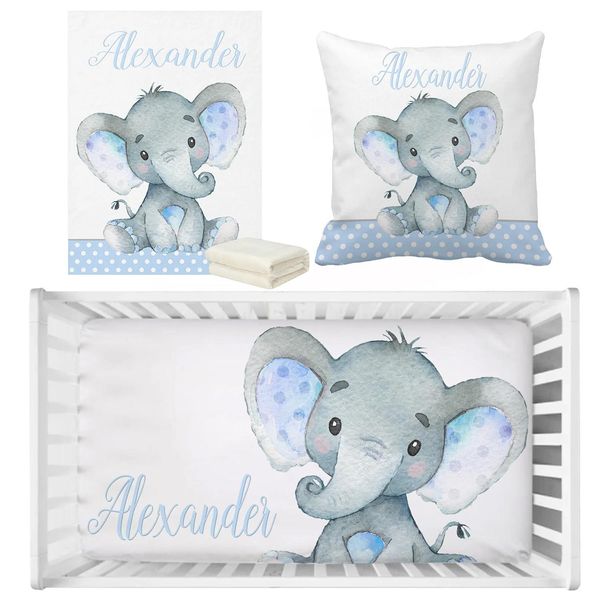 Yziho Parure de lit pour bébé garçon avec nom personnalisé en forme d'éléphant bleu, parure de lit cadeau pour fête prénatale