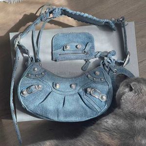 Schoudertas 2024 Luxe denim diamant schouder messenger half-maan locomotief tas merken handtassen voor vrouwen met spiegel en kaart