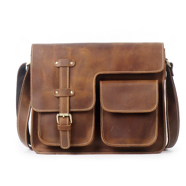 Sac à bandoulière en cuir véritable hommes Crazy HorseMale Vintage voyage bandoulière moyen affaires tablette messager sac à main