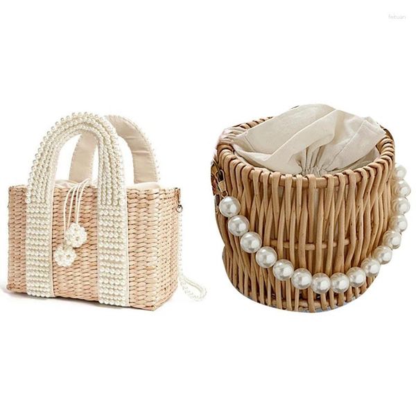 Sacs à bandouliers 2 PCS Sac pour femmes avec sacs à main Perl Ladies Tote Sac à main Panier de paille fait à la main Creamy-White comme indiqué