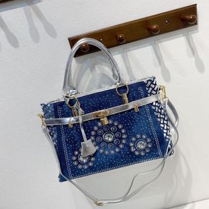 Schoudertassen mode dames handtas grote oxford patchwork Jean Style en Crystal Decoration Blue Bag Portes Handtassen