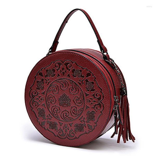 Bolsos de hombro 2023, bolsos con borlas para mujer, bolso cruzado de cuero genuino para mujer, bolso redondo con asa superior, bolso de mano para mujer