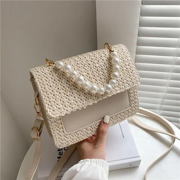 Bolsos de hombro 2024 Fashion Straw Tote bolso Spring Spring Simple Smile Square Beach Vacation One Crossbody Bold