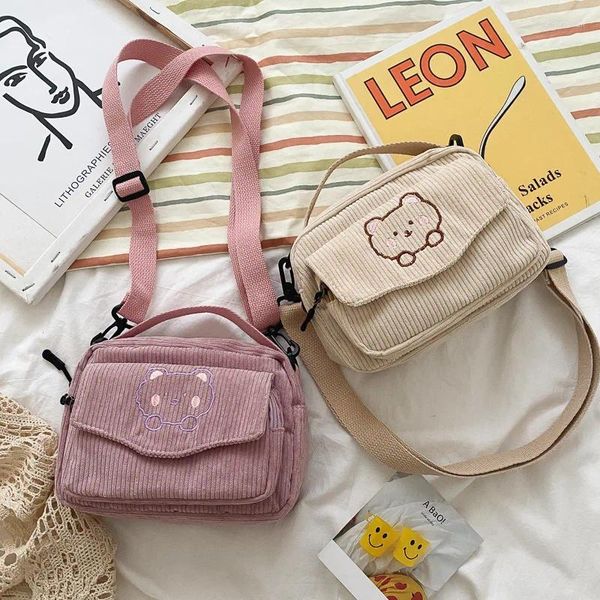 Bolsas de hombro 2024 Moda Mujeres Pana Dibujos animados Oso Impresión Estudiante Tote Messenger Bag Satchel Viajes Bolsos