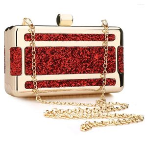 Schoudertassen 2024 Lovertjes Box Clutch Damesmode Luxe Keten Sgoulder Avondfeest Koppelingen Elegante Rode Strass Portemonnee Tas