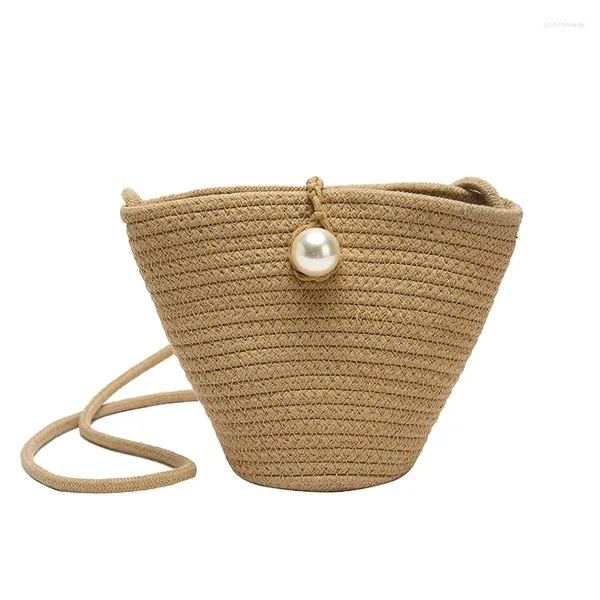 Bolsas de hombro 2024 Estilo Pearl Dumpling Bun Diagonal Shell Bolsa de paja Algodón Tejido Playa Mini Teléfono móvil Vacaciones