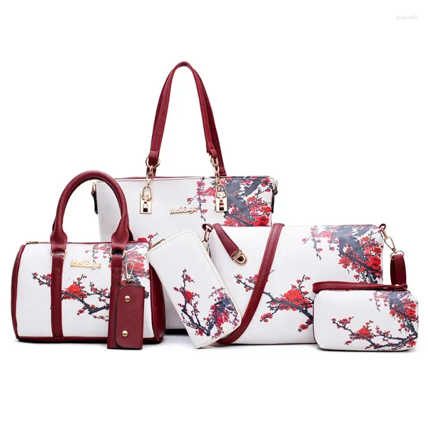 Sacs à bandoulière 2024 Sac pour femmes Sac à main 6 pièces Ensemble de style chinois Pochette en cuir Portefeuille Composite Bandoulière