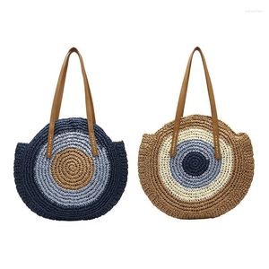 Bolsos de hombro 2x bolso de paja Centro de moda para mujeres Ratán redondo tejido a mano Bohemio gran tamaño playa azul marrón