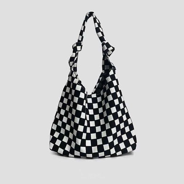 Bolsos de hombro de lona grande Vintage 2023 a la moda con estampado a cuadros Bolso de Mujer Casual que combina con todo el tablero de ajedrez de Corea bolso de compras grande 230309