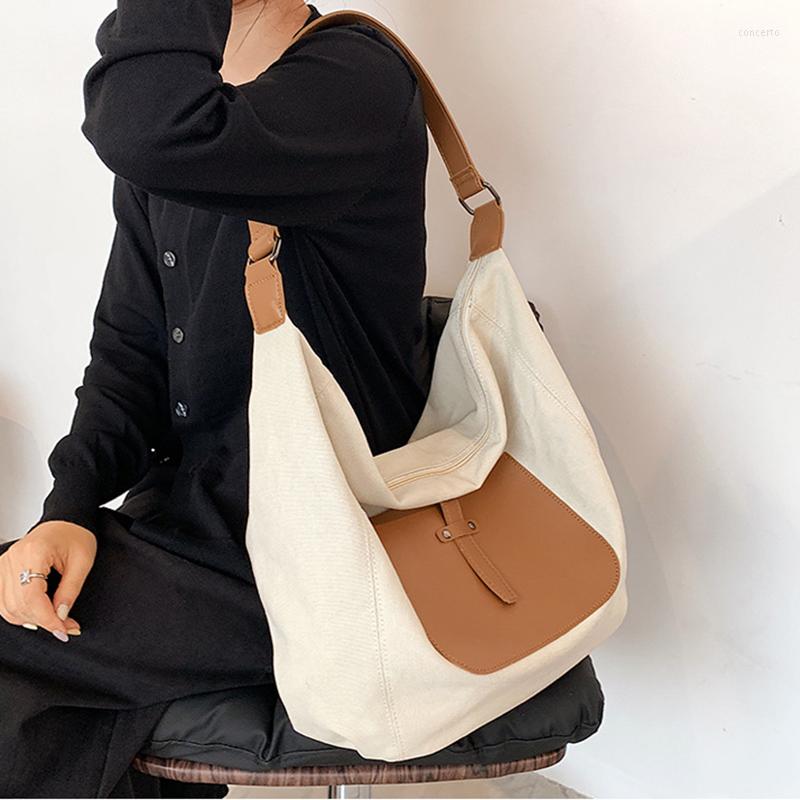 Shoulder Bags Big Soft Side Bag For Women Canvas Patchwork Fashion Design Zipper Travel Cloth Tote High-capacity Handbags