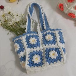 Sacs à bandouliers bohèques fleur à la main tissé bricolage sac en tricot femmes en laine marguerite cartouches de style rural de fille florale femelle féminine