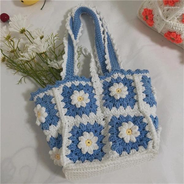 Bolsos de hombro Bohemio Flower Handy Diy Bolso de punto Mujer Mujeres de lana Daisy Totas Floral Girl Style Rural Crochet Femenina