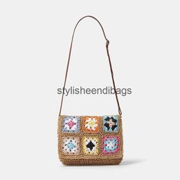 Bolsos de hombro Bohemio Granny Square Paja Crossbody para mujeres Casual Papel Tejido Bolsa Hecha a mano Verano Playa Pequeños Monederos con solapaH24217