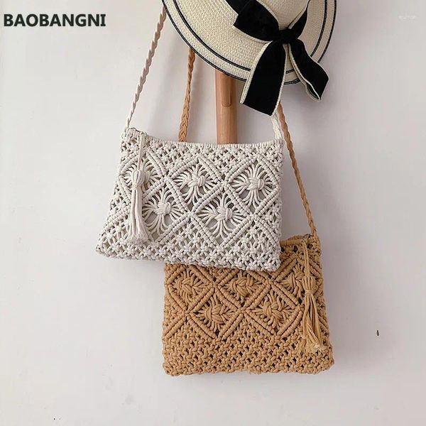 Bolsos de hombro bohemios para mujer, bolso de playa de paja, mensajero hecho a mano para mujer, bolsos de compras de viaje de verano, bolso blanco caqui 2024