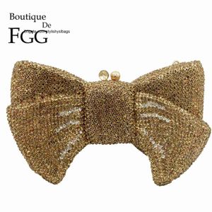 Schoudertassen Boutique De FGG Nieuwigheid Vrouwen Bow Clutch Crystal Avondtassen Hard Case Metal Minaudiere Strass Handtassen Wedding Party Purse