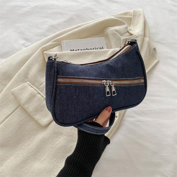 Bolsos de hombro Diseñador de marca Denim Bolso para mujeres Casual Zipper Crossbody Half Moon Handbag