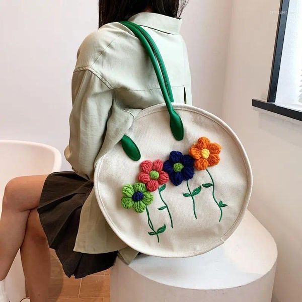 Bolsas de hombro Bolsas de lona Mujeres Corea Sweet Flower Appliques Circular Bolg